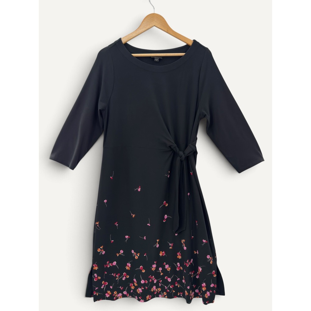 J. Jill Dress Black Floral Side Tie Wearever Collection M Office Travel Modest